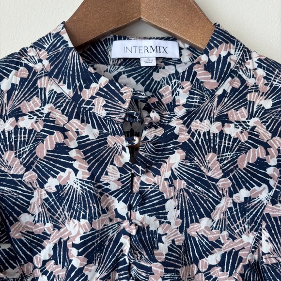 Intermix High Neck Ruffle Blouse Sz 2 Puff Sleeve Blue Tan - Picture 3 of 9